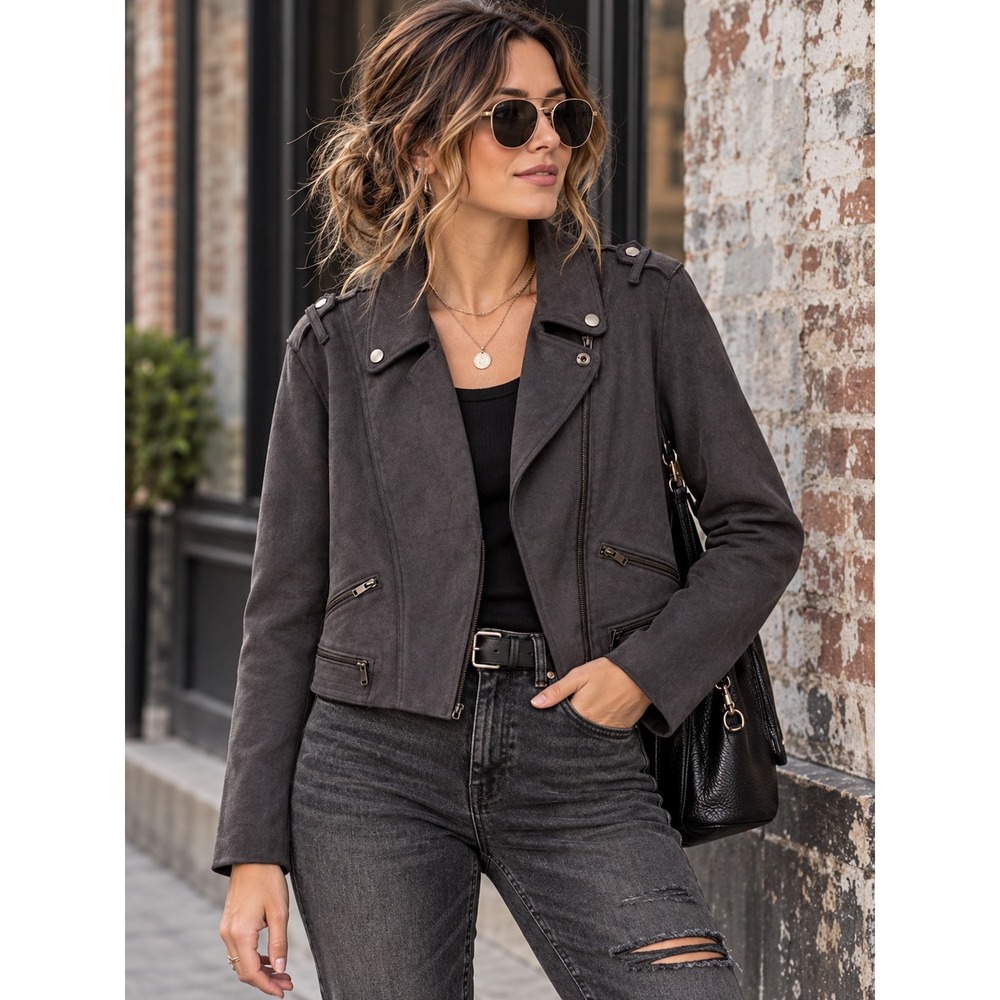 Anna Cai New York Womens Faux Suede Moto Jacket Charcoal‎ Gray CD444 Size M